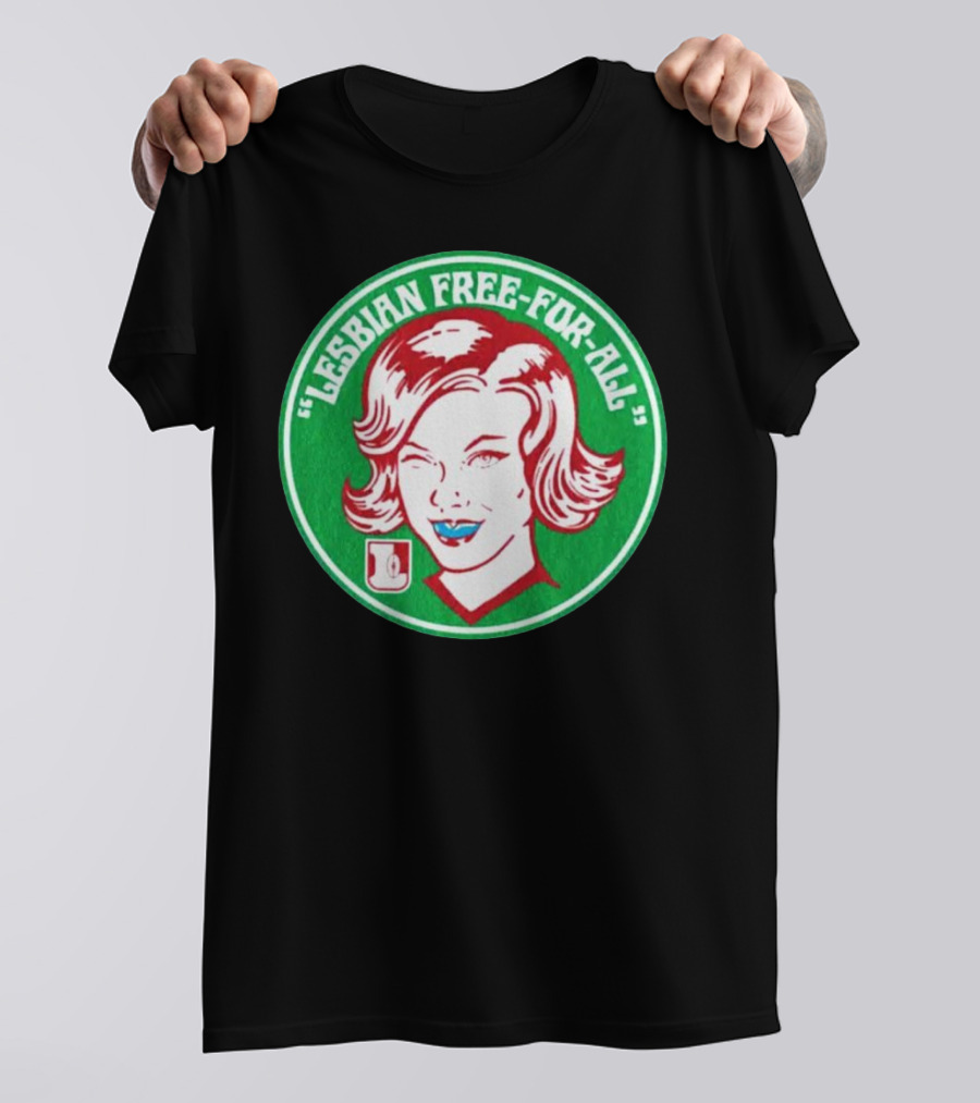 LESBIAN FREE-FOR-ALL Retro Style Winking Woman In Green Circle T-Shirt