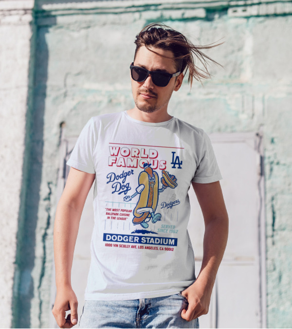 World Famous Dodger Stadium LA Dodger Dog 1000 Vin Scully Ave Los Angeles CA 90012 Served Since 1962 T-Shirt