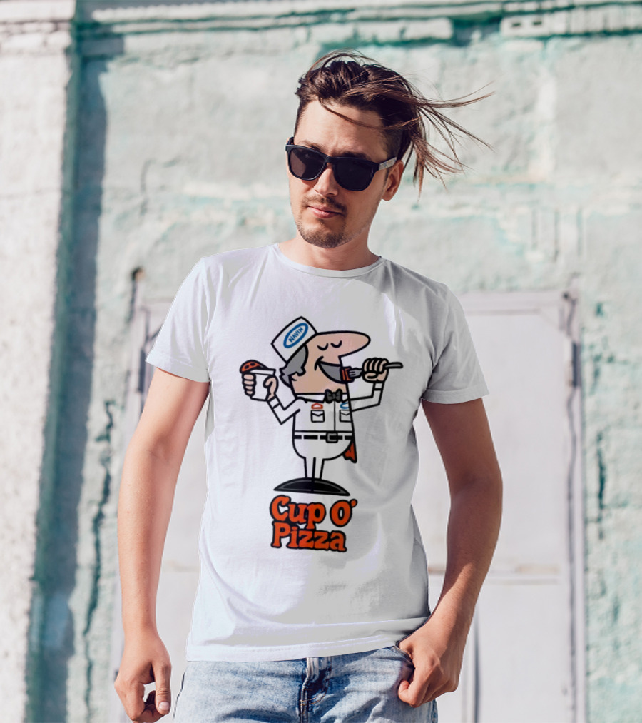 Cup O' Pizza Cartoon Character Eating From A Fork And Cup T-Shirt