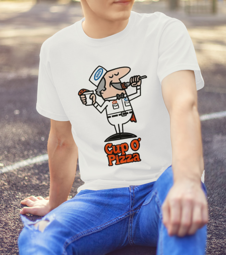 Cup O' Pizza Cartoon Character Eating From A Fork And Cup T-Shirt