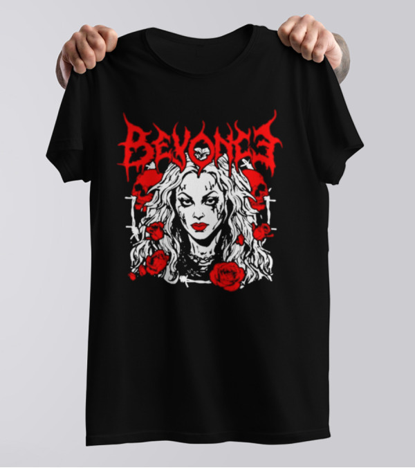 BEYONCÉ Rose Metal Gothic Style Skulls And Roses T-Shirt