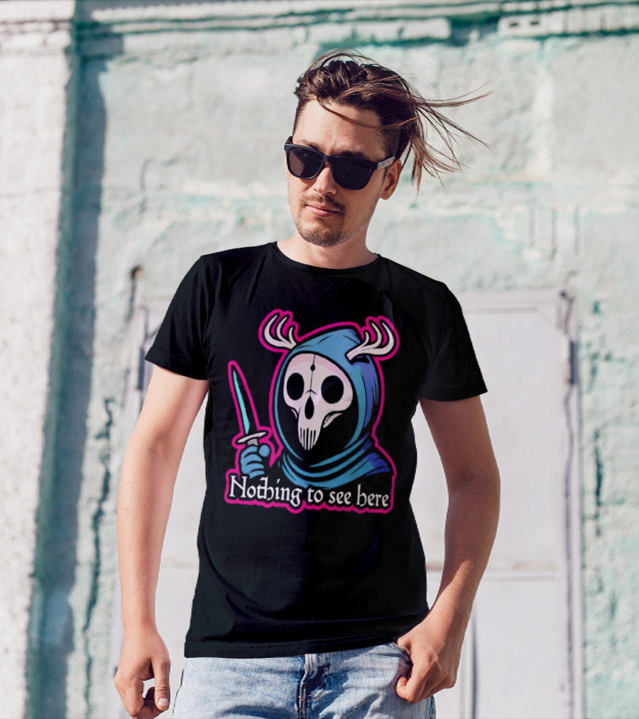 Grim Reaper Nothing To See Here Skull Hood Antlers Knife T-Shirt