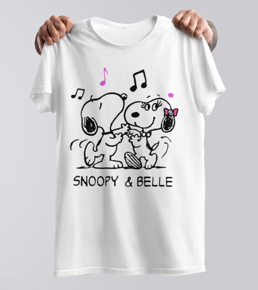 Snoopy And Belle Dancing With Musical Notes And Pink Accents T-Shirt