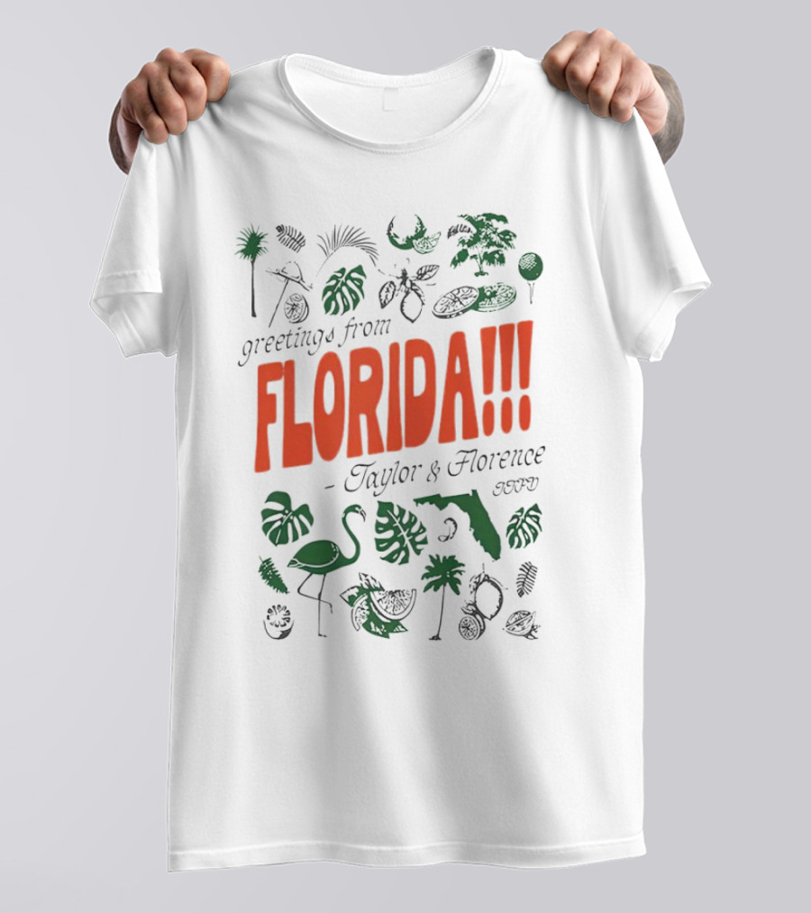 Greetings From Florida Taylor And Florence TTPD Flamingo Palm Map Iconic Tropical T-Shirt