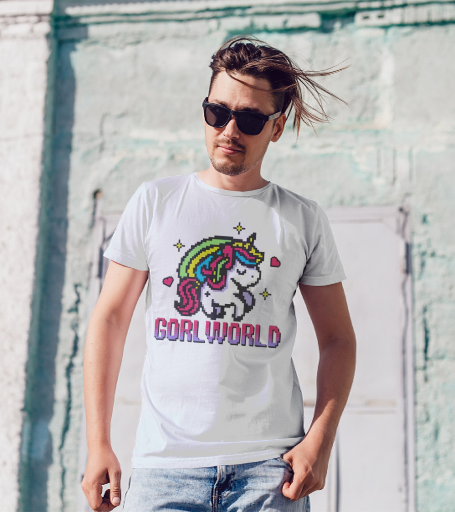 Gorl World Unicorn Retro Pixel Art Rainbow Hearts T-Shirt