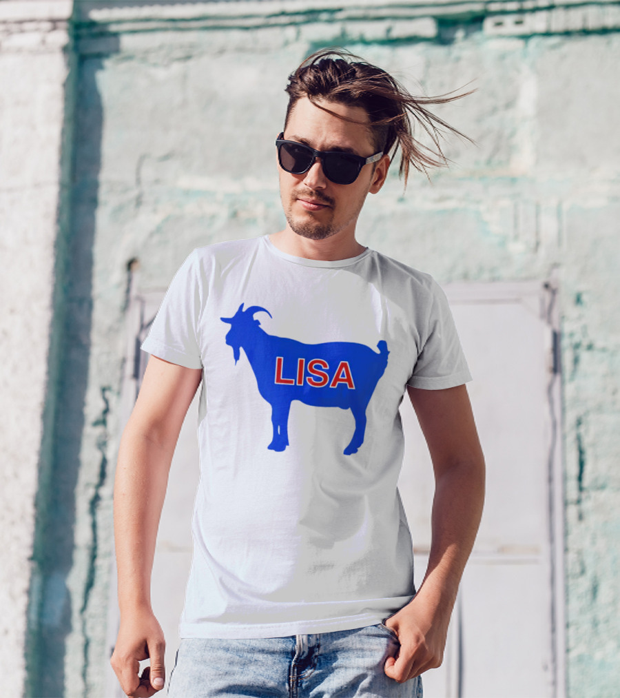 Lisa L Dubbs Goat Silhouette With Name In Bold Red Letters Blue Background T-Shirt