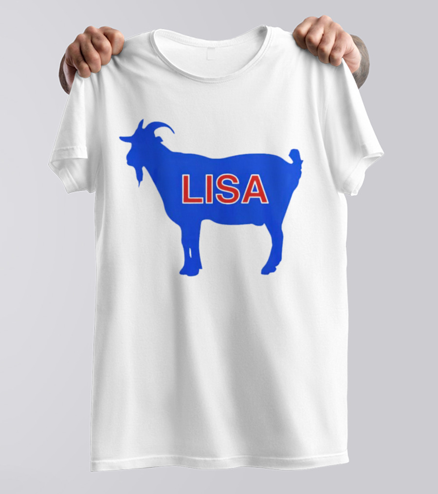 Lisa L Dubbs Goat Silhouette With Name In Bold Red Letters Blue Background T-Shirt