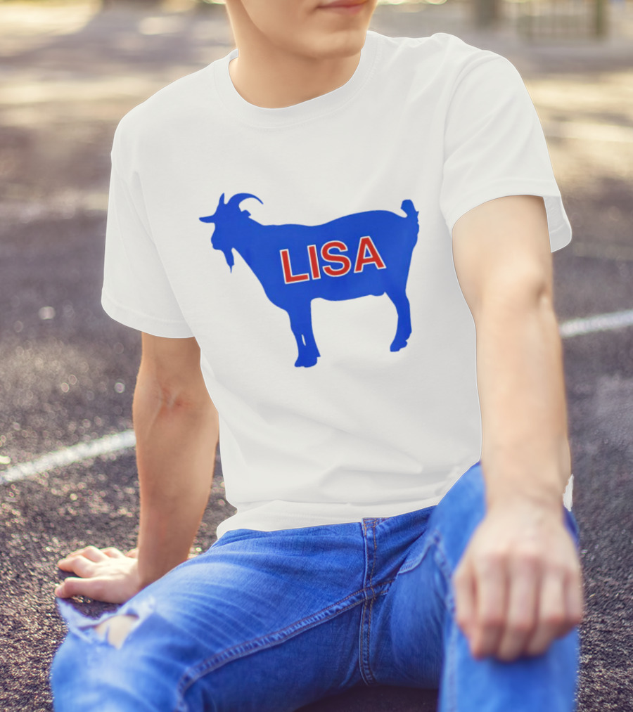 Lisa L Dubbs Goat Silhouette With Name In Bold Red Letters Blue Background T-Shirt