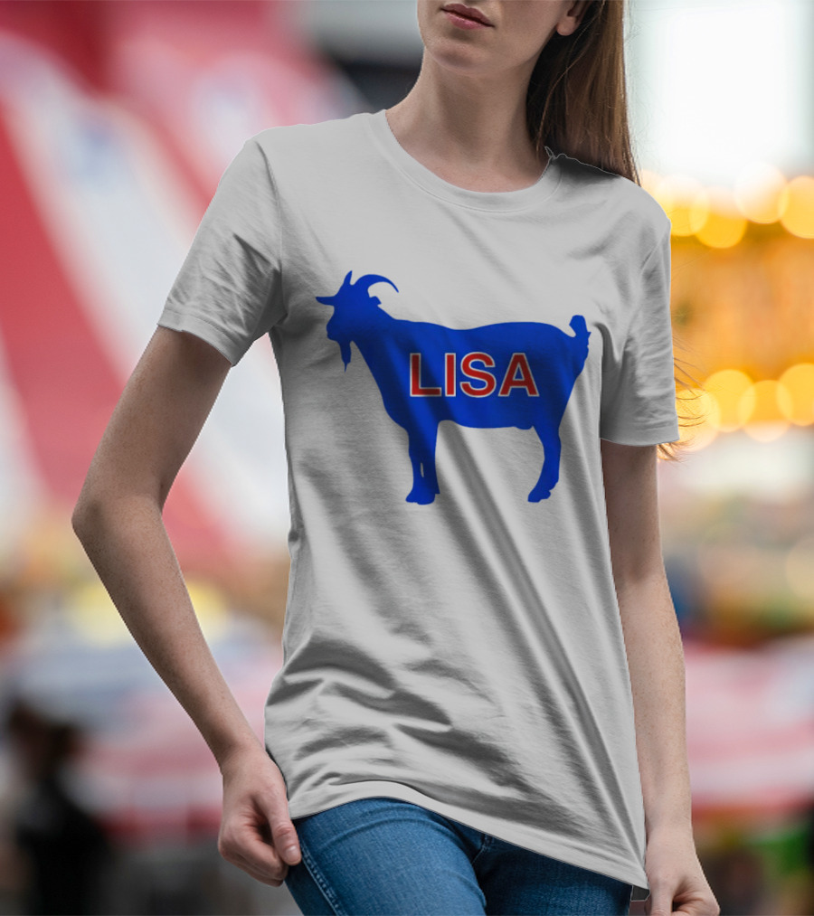 Lisa L Dubbs Goat Silhouette With Name In Bold Red Letters Blue Background T-Shirt