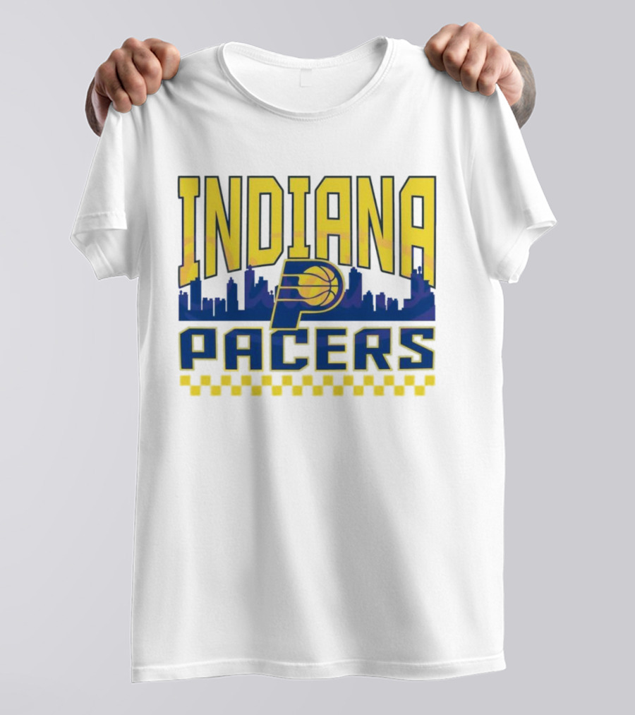 Indiana Pacers NBA Logo Skyline With Checkered T-Shirt