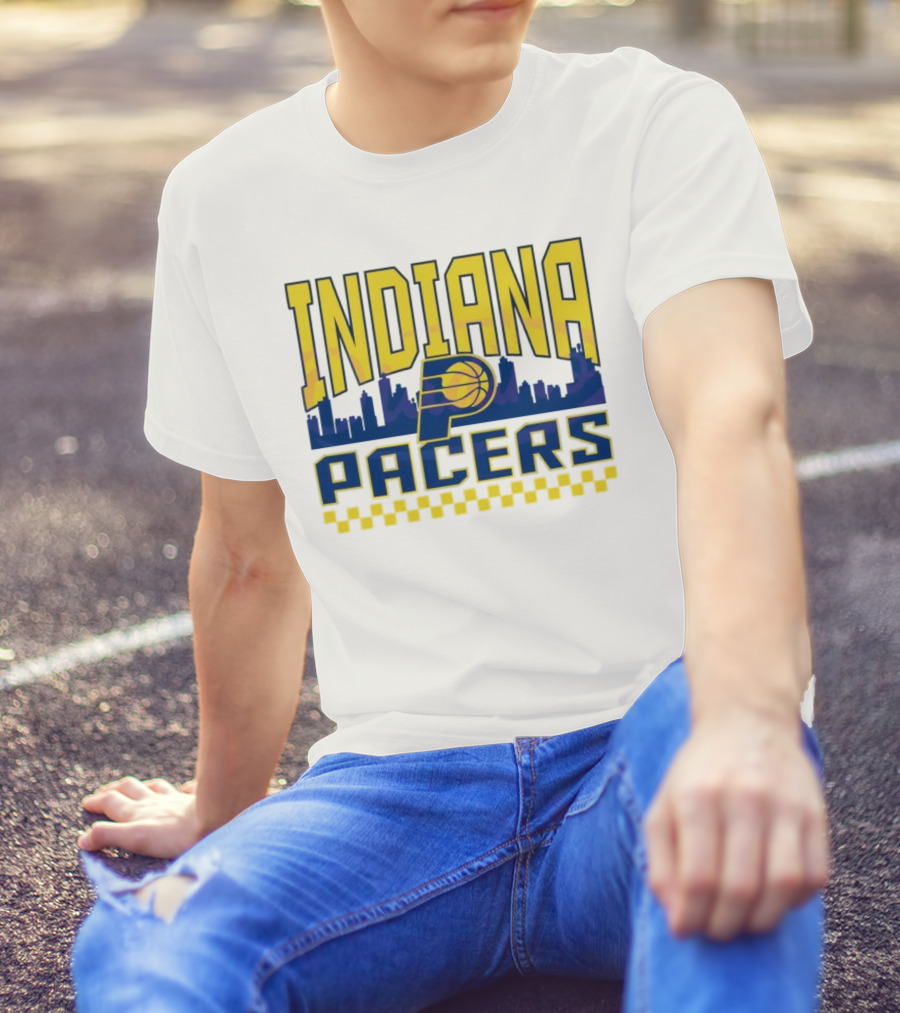 Indiana Pacers NBA Logo Skyline With Checkered T-Shirt