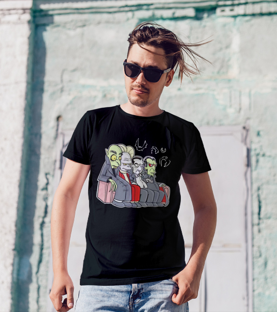 Various Versions Of Draculas Seated On A Couch With Bat Symbols T-Shirt