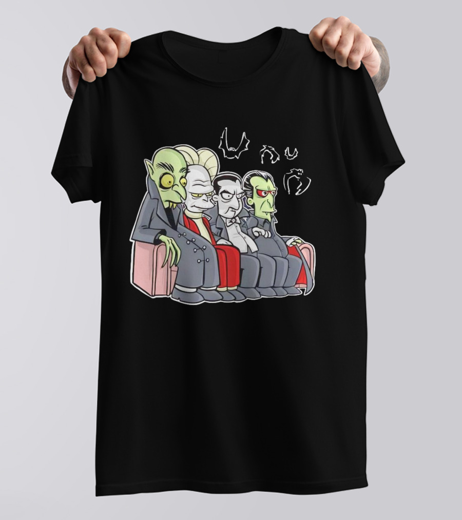 Various Versions Of Draculas Seated On A Couch With Bat Symbols T-Shirt
