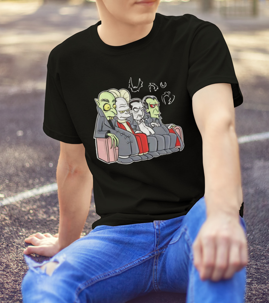Various Versions Of Draculas Seated On A Couch With Bat Symbols T-Shirt