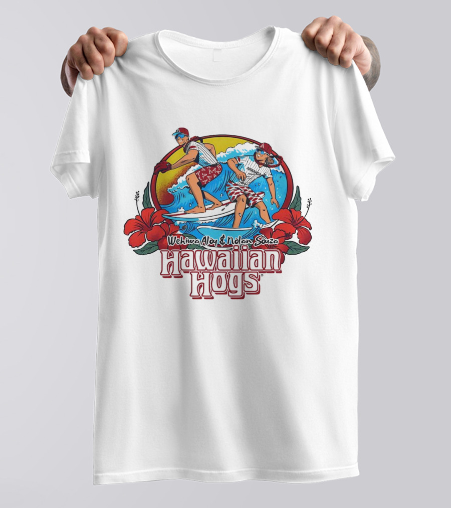 Wehiwa Aloy And Nolan Souza Hawaiian Hogs Surfing Razorbacks Baseball Flowers Beach Sun T-Shirt