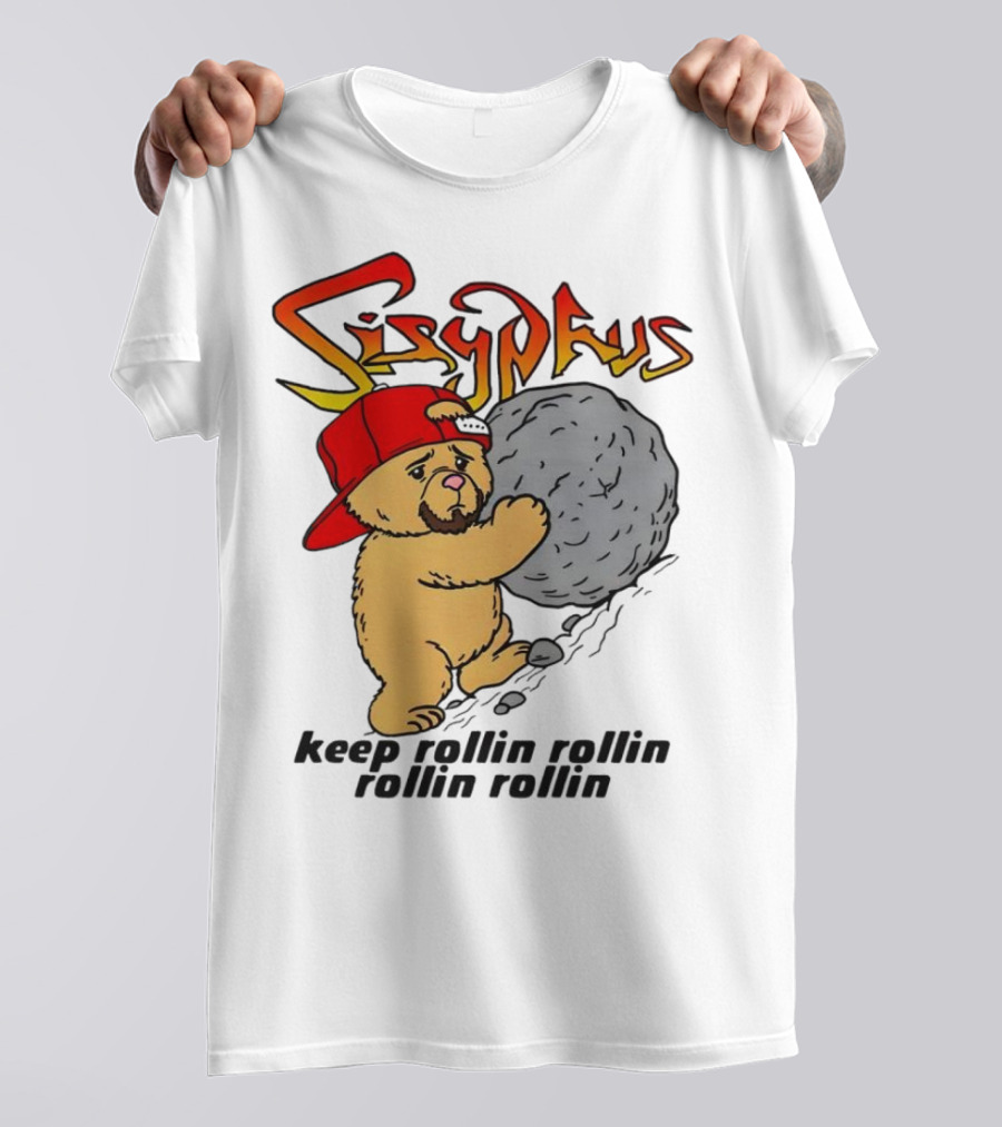 Sisyphus Keep Rollin Rollin Rollin Rollin Bear With Boulder Red Cap T-Shirt