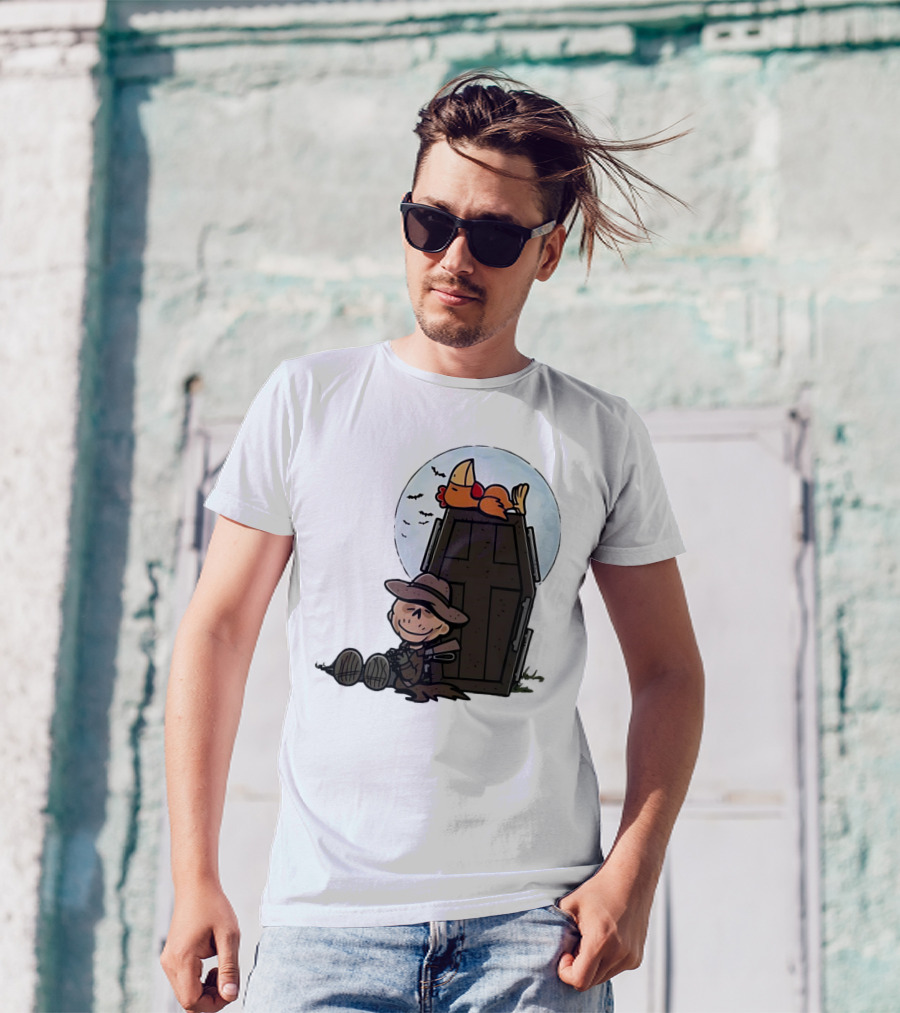 Ghoul And A Chicken From Fallout Peanuts Style Sitting By Coffin Under Moon With Bats T-Shirt