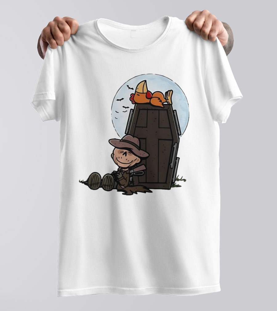 Ghoul And A Chicken From Fallout Peanuts Style Sitting By Coffin Under Moon With Bats T-Shirt