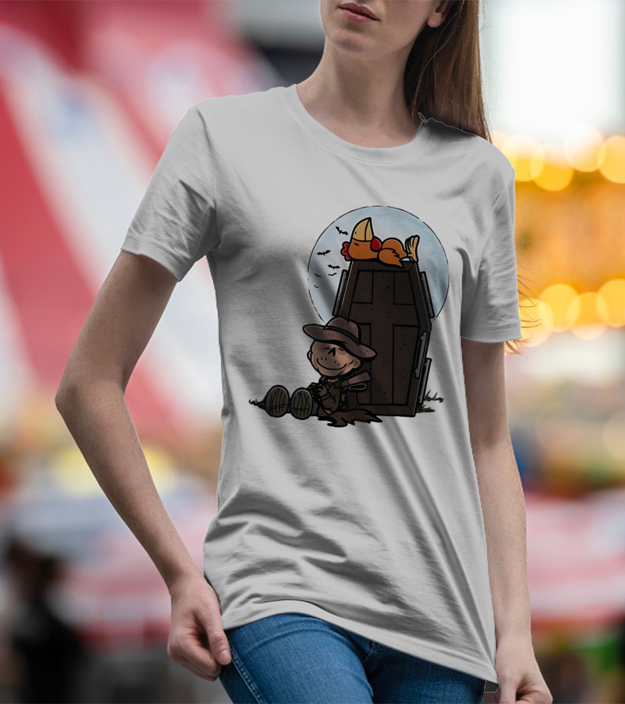 Ghoul And A Chicken From Fallout Peanuts Style Sitting By Coffin Under Moon With Bats T-Shirt