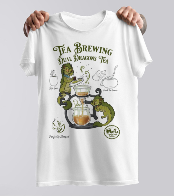 Tea Brewing Dual Dragons Sip Tea Perfectly Steeped Leaf And Kettle T-Shirt