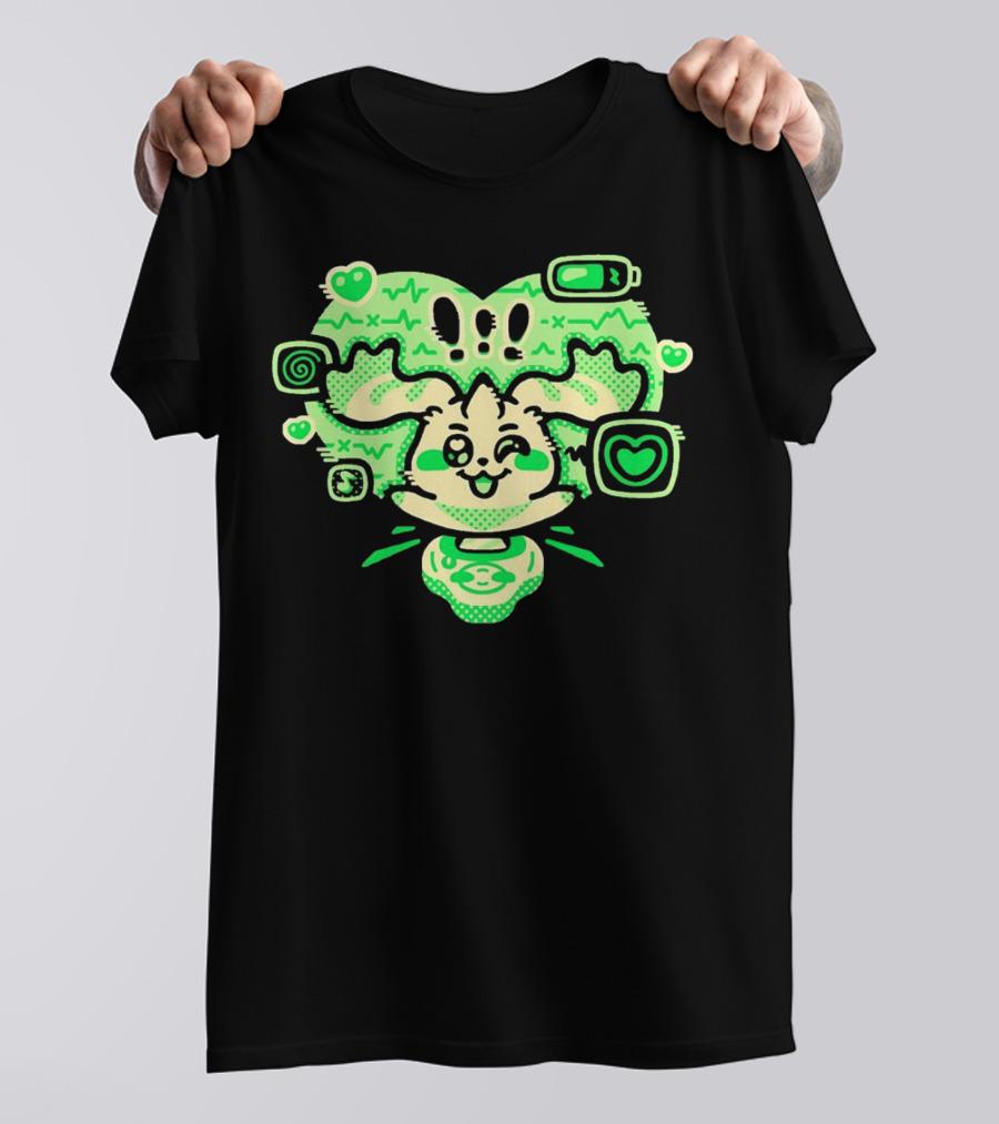 Terriermon Digimon Iconic Green Heartbeat Motif With Digital Symbols T-Shirt