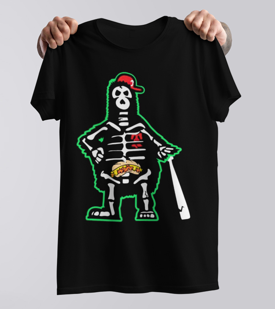 Phillie Phanatic Skeleton With Baseball Bat And Hot Dog Belly T-Shirt