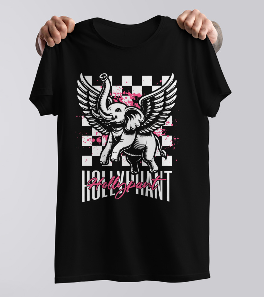 Hollypant Flying Elephant Checkered Pink Splatters T-Shirt