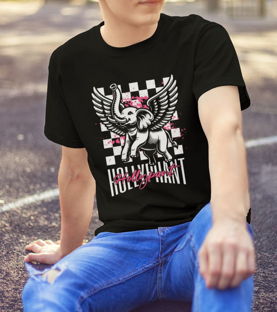 Hollypant Flying Elephant Checkered Pink Splatters T-Shirt