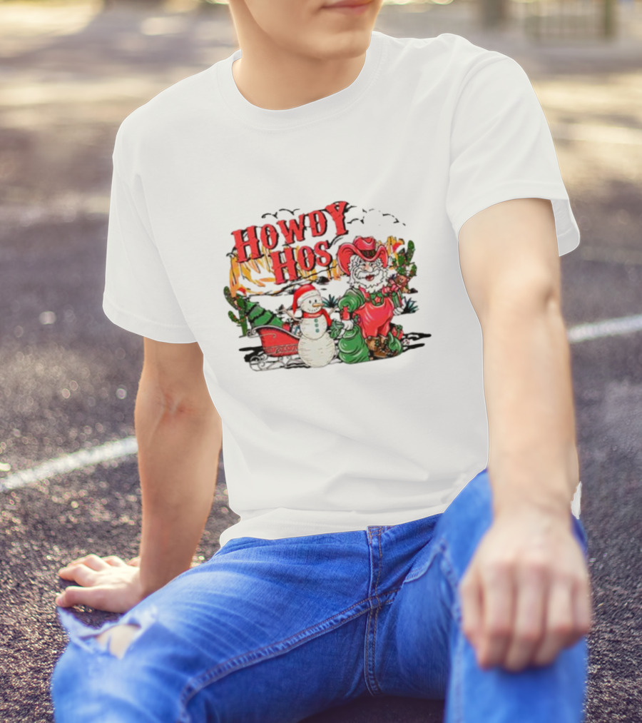 Howdy Hos Santa Snowman Sled Cowboy Christmas Scene T-Shirt