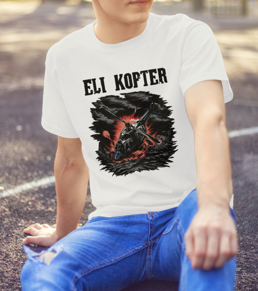 Eli Kopter Helicopter In Stormy Sky With Red Explosion T-Shirt