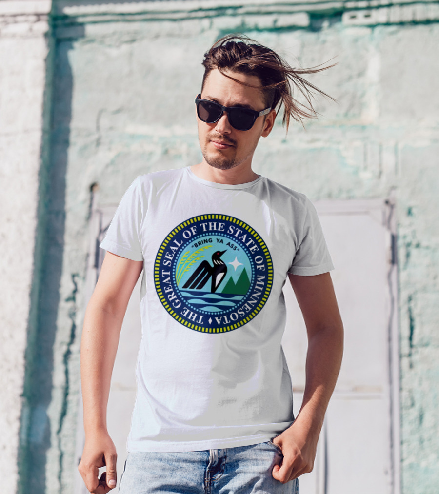 The Great Seal Of The State Of Minnesota Bring Ya Ass Black Bird Mountains Waves Star T-Shirt