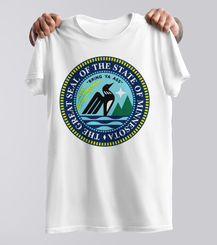 The Great Seal Of The State Of Minnesota Bring Ya Ass Black Bird Mountains Waves Star T-Shirt