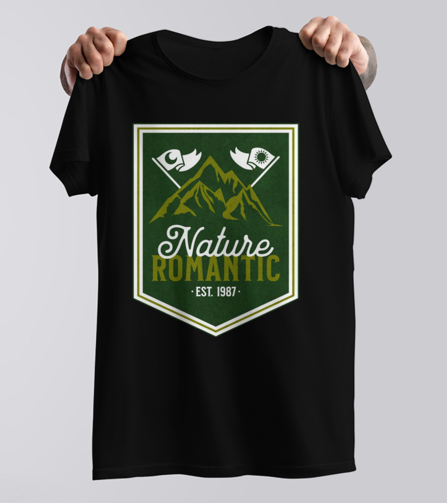 Nature Romantic Est. 1987 Mountain Adventure Sun Moon Flags T-Shirt