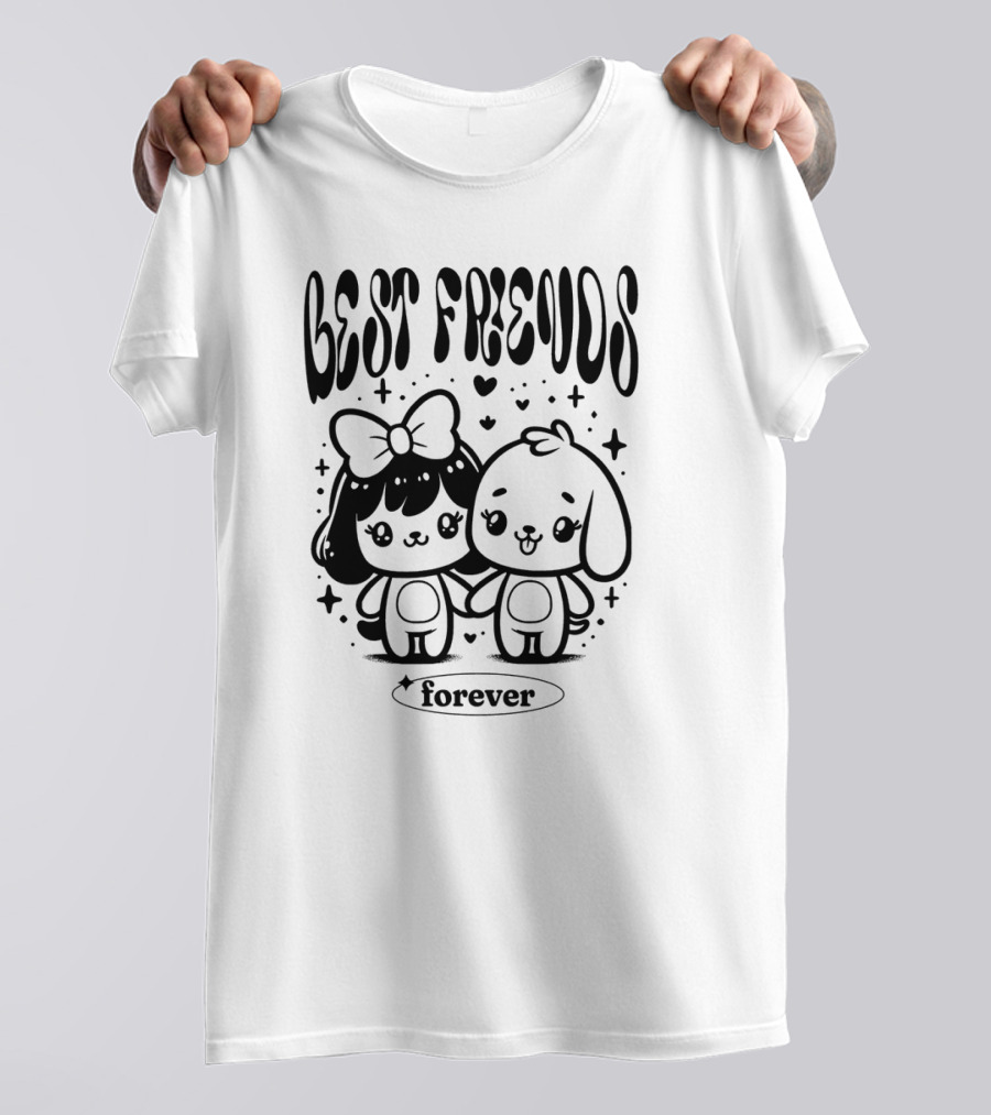 BEST FRIENDS FOREVER Cute Cartoon Characters Holding Hands With Hearts And Stars T-Shirt