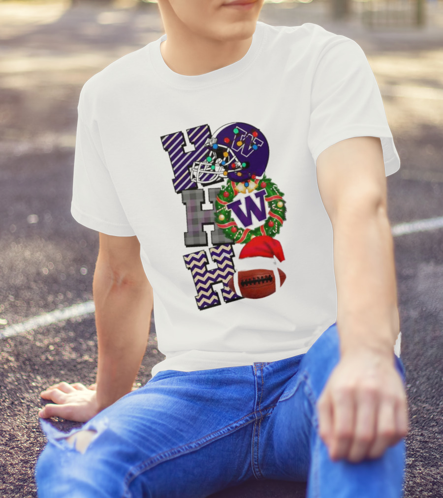 Washington Huskies Football Christmas Ho Ho Ho Helmet Wreath Ball T-Shirt