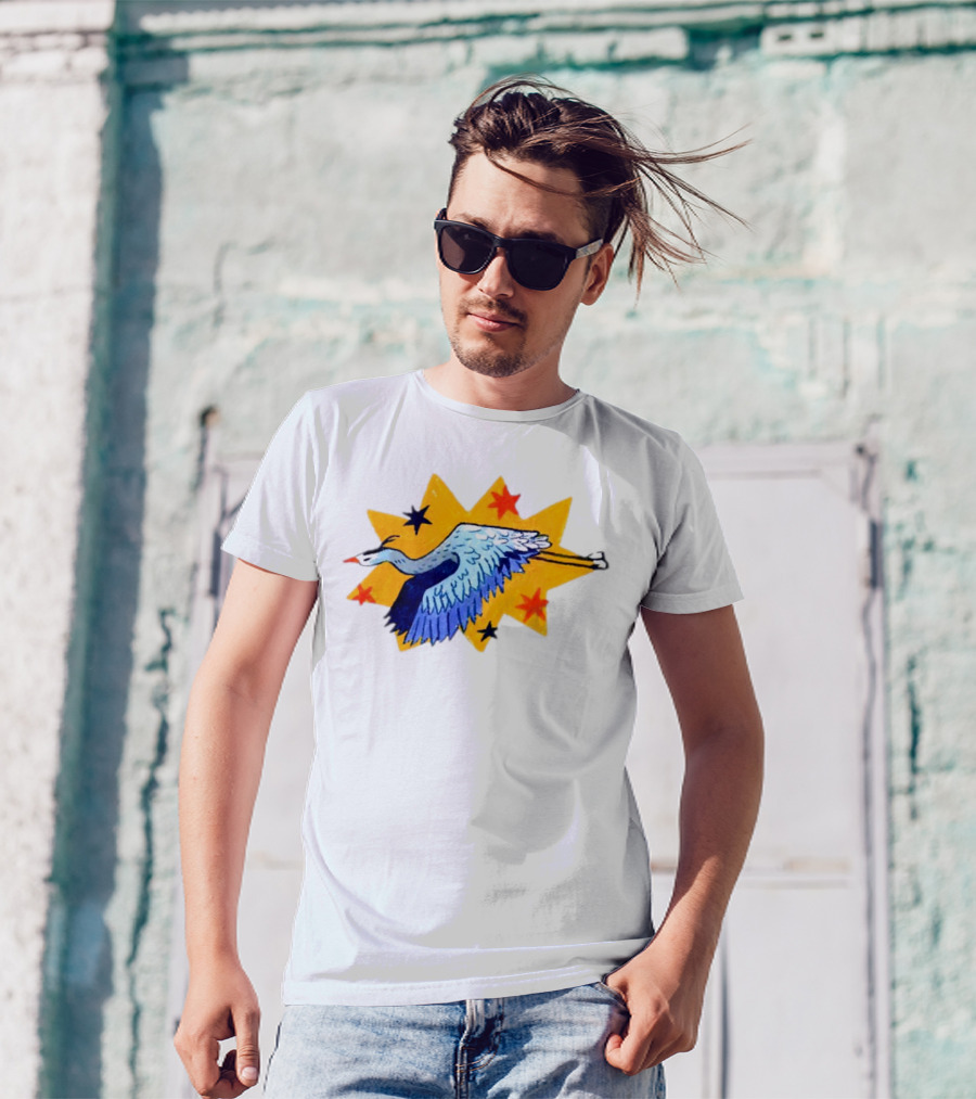 Grey Heron Flying Against Starry Yellow Burst T-Shirt
