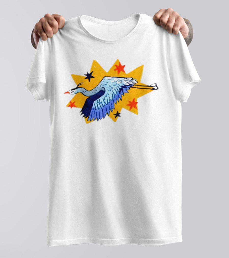 Grey Heron Flying Against Starry Yellow Burst T-Shirt