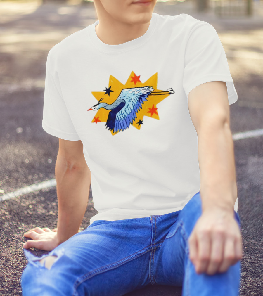 Grey Heron Flying Against Starry Yellow Burst T-Shirt