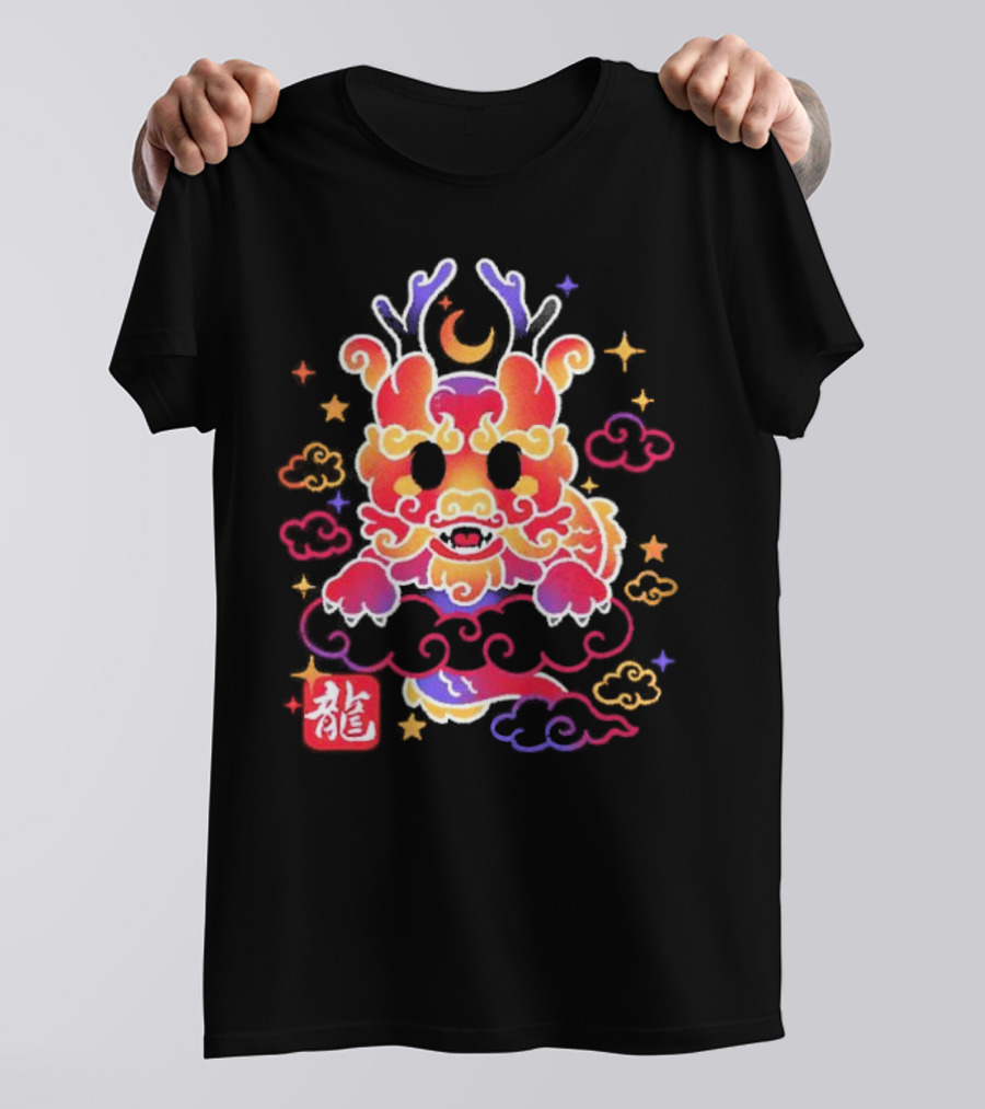 Kawaii Chinese Dragon With Colorful Clouds And Stars Asian Aesthetic T-Shirt