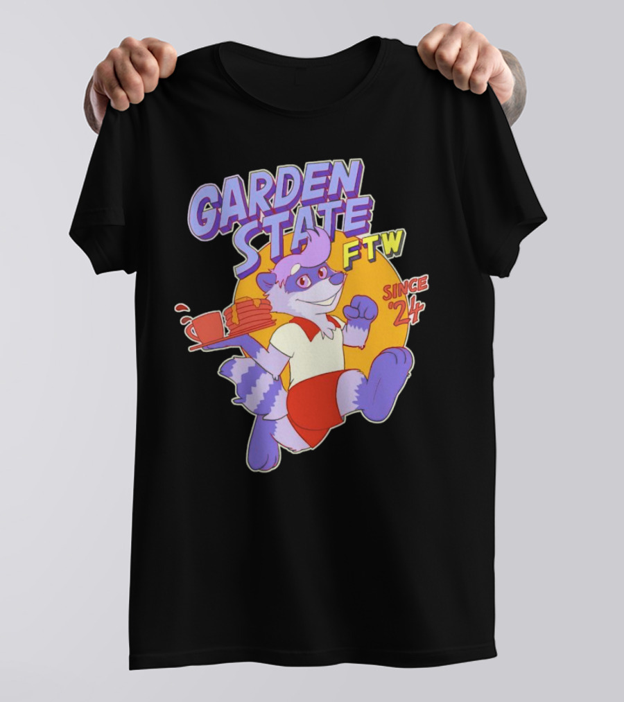 Garden State FTW Since 24 Cartoon Raccoon Serving Pancakes T-Shirt