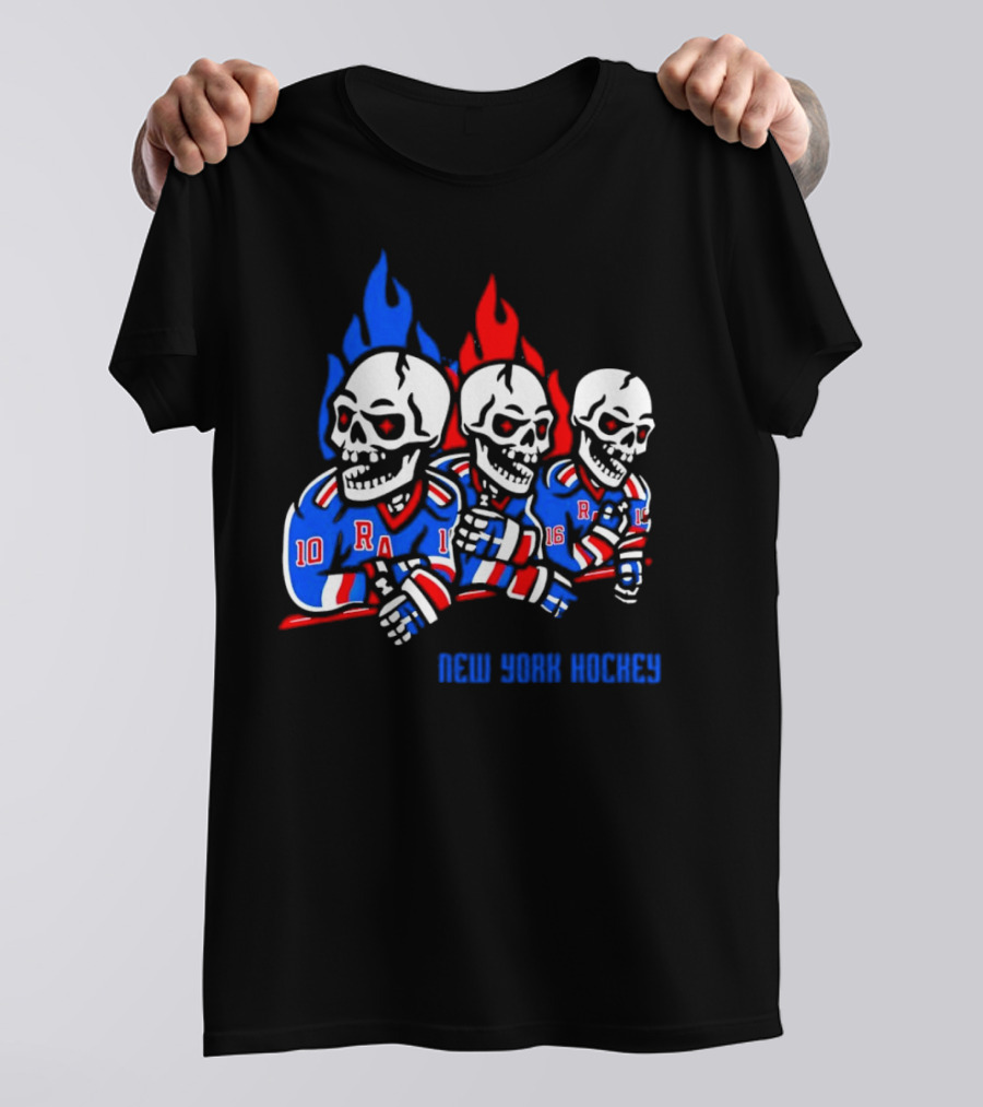 New York Rangers Skeleton Hockey Flames T-Shirt