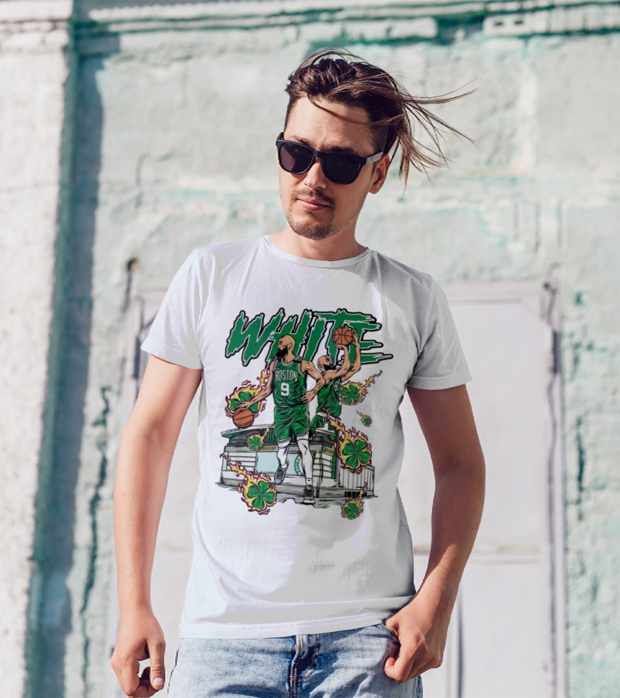 Boston Celtics White 9 Basketball Player With Shamrocks And Basketball Court T-Shirt