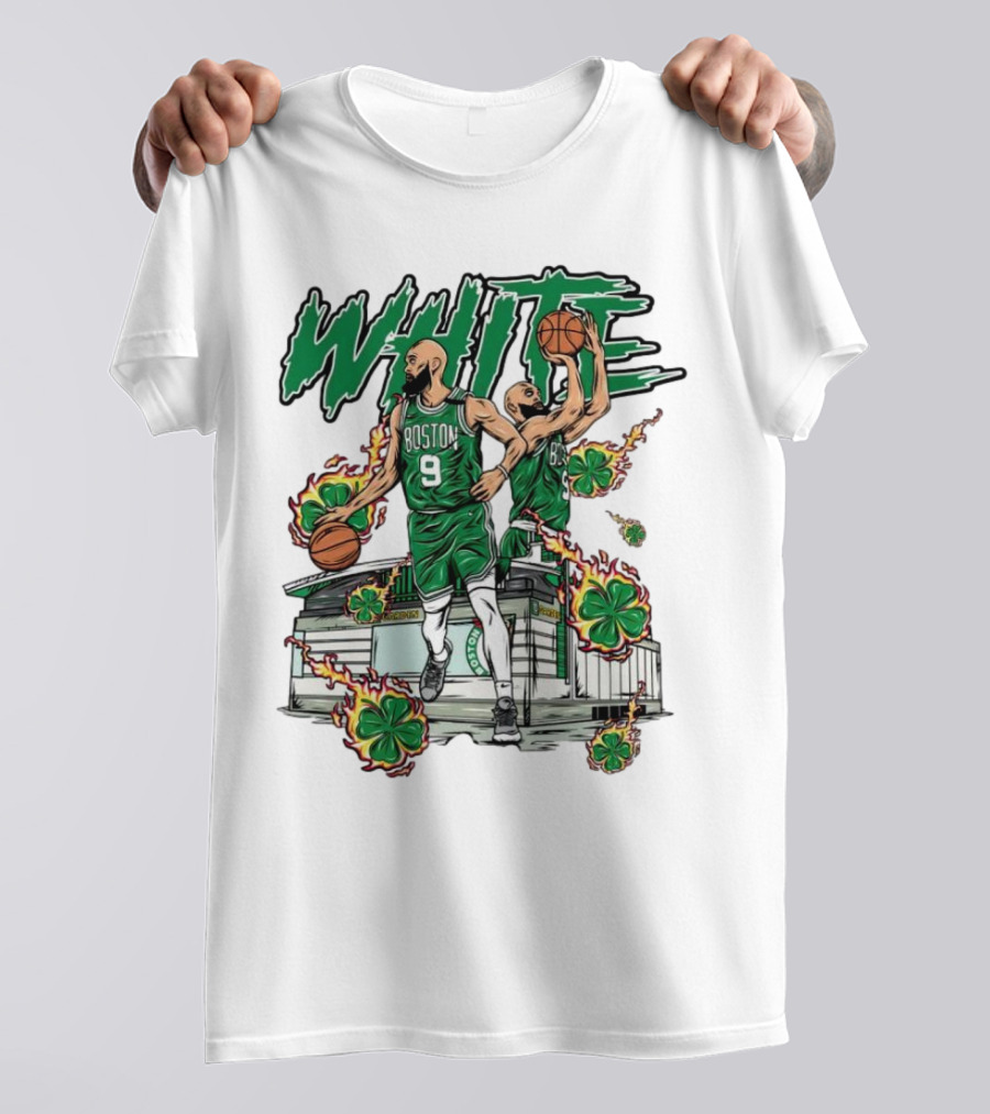 Boston Celtics White 9 Basketball Player With Shamrocks And Basketball Court T-Shirt