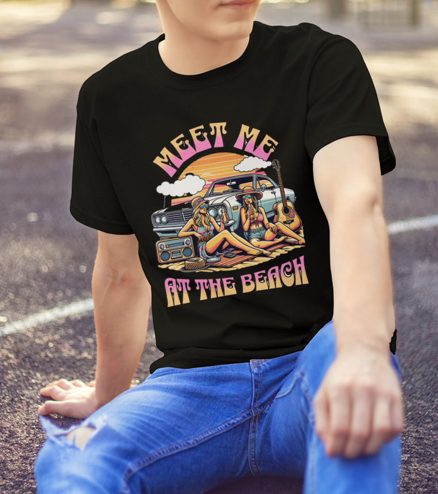 Meet Me At The Beach Sunset Paradise With Classic Car And Guitar T-Shirt