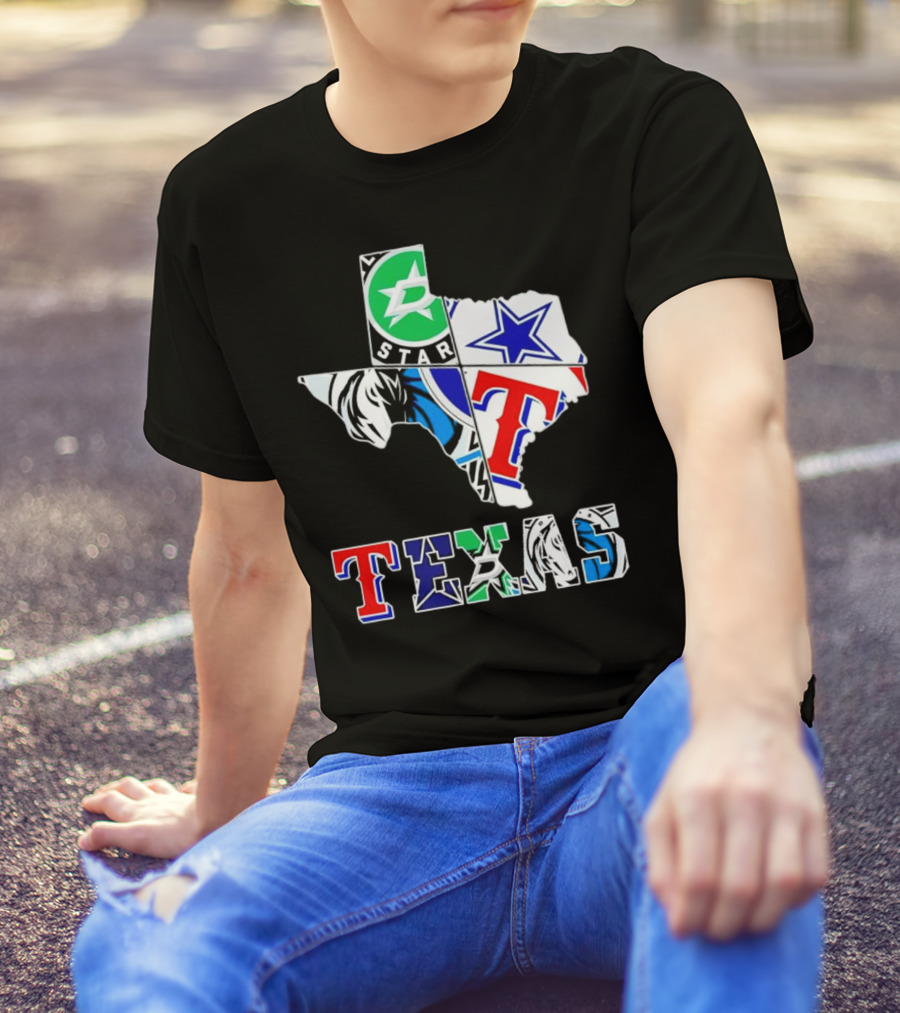 Dallas Hockey Cowboys Rangers Mavericks Texas Map T-Shirt