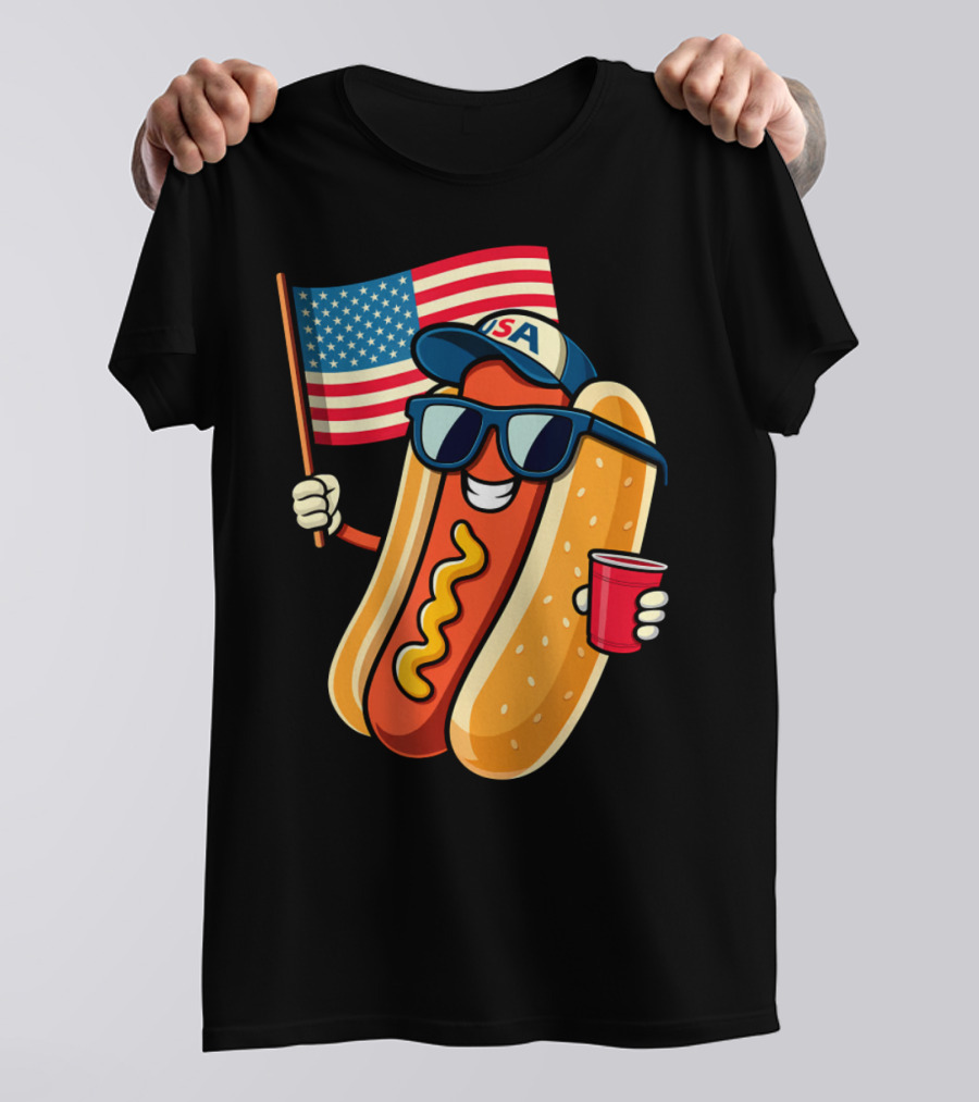 Fourth Of July USA Hotdog With American Flag And Sunglasses T-Shirt