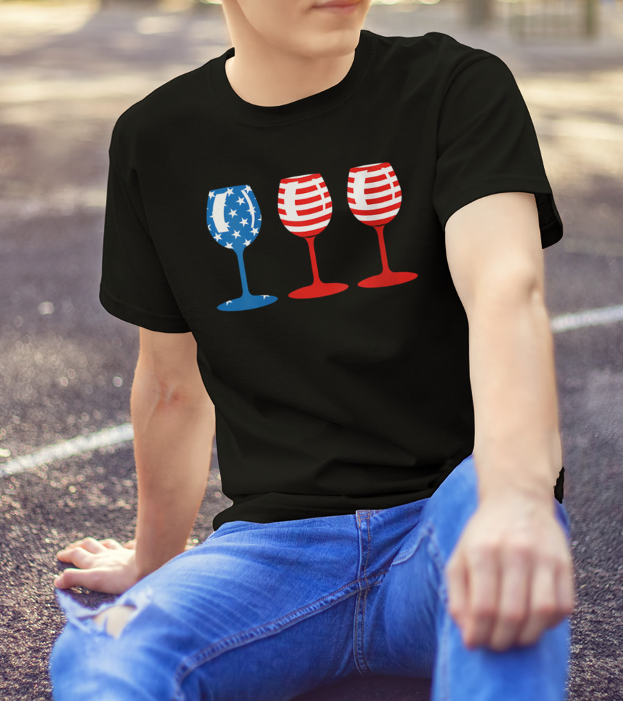 American Flag Fourth Of July Wine Glass Trio Stars And Stripes Patriotic T-Shirt