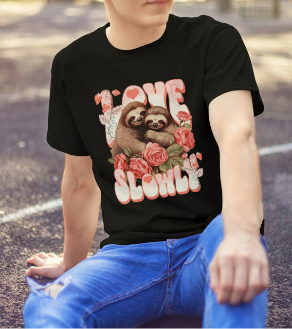 Love Slowly Sloth Couple Romance Valentine Heart Roses T-Shirt
