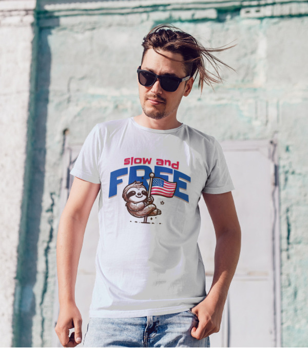 Slow And Free Sloth With American Flag T-Shirt