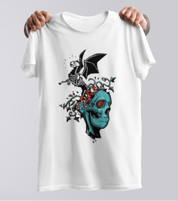 Scott Buoncristiano Skeleton Head With Dragon And Red Accents T-Shirt